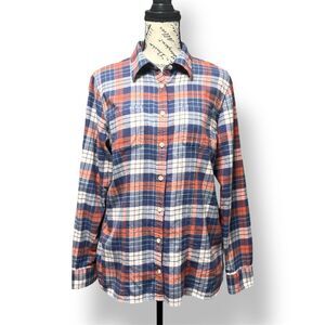 L.L.Bean Womens Medium Plaid Flannel Button Up Shirt Blue Red Cotton Long Sleeve